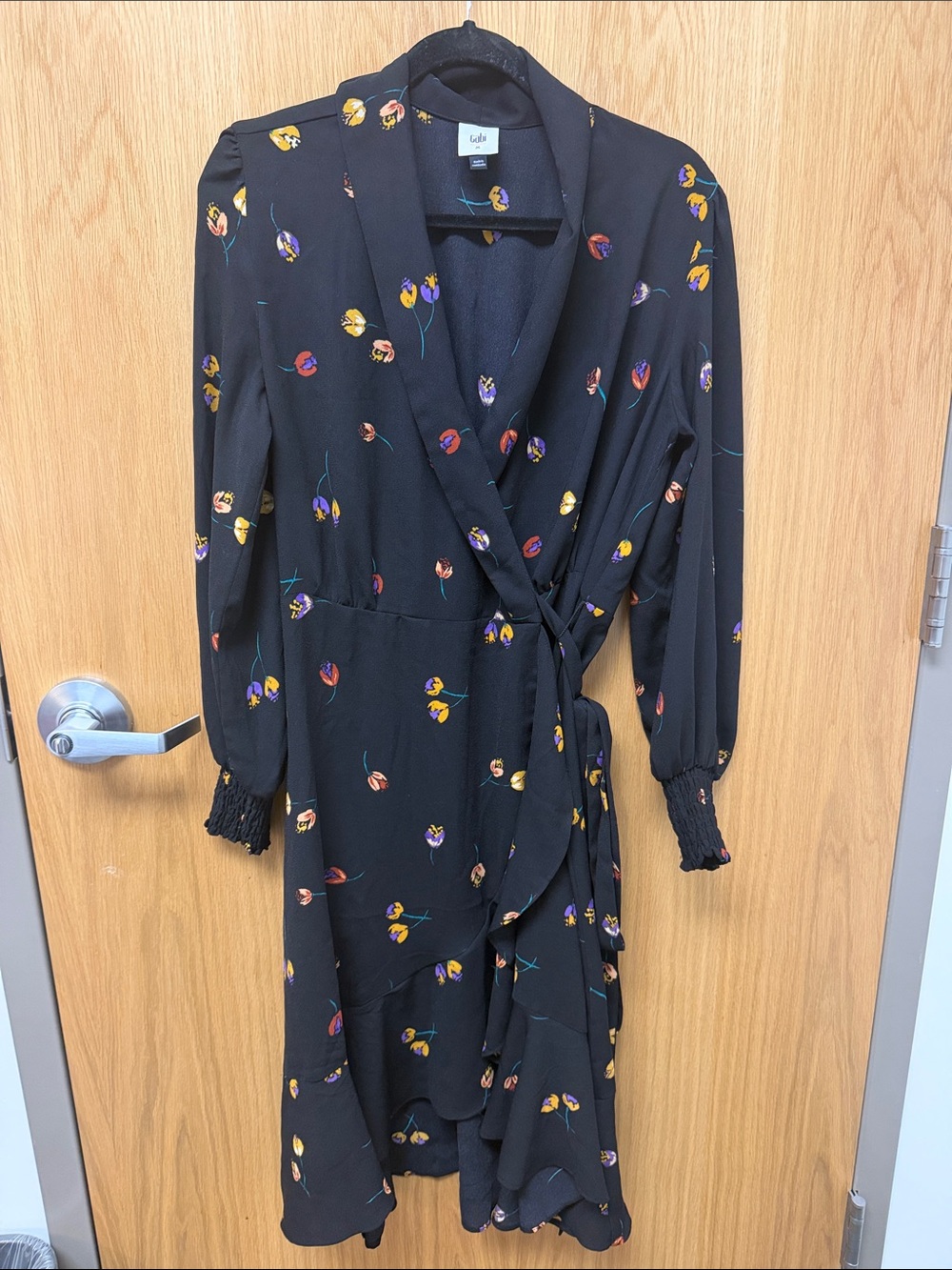 CAbi Divine Black Midi Wrap Dress with Yellow & Purple Floral Accents Size M